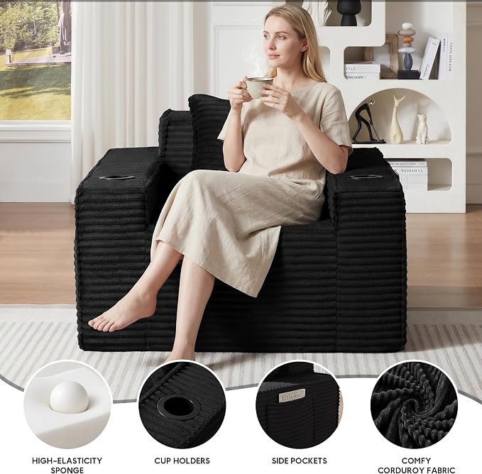 Boneless Sofa Couch with Cup Holders & Side Pockets, Modern Corduroy Fabric Deep Seat Single Cloud Couch for Reading Living Room Office, No Assembly (Black)