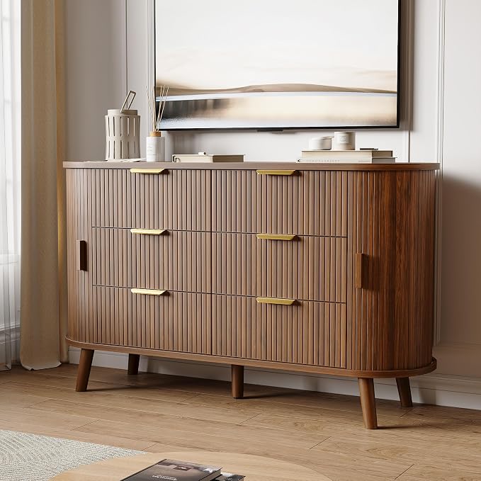 Decofy Fluted 6 Drawers Dresser, 55'' Wide Mid Century Modern Chest of Drawers with Sliding Door & Metal Handles, Curved Profile & Sturdy Legs, Wood TV Stand for Bedroom, Living Room (Walnut)