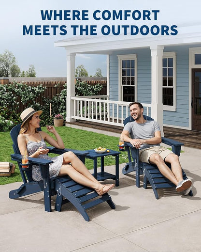 Garvee Folding Adirondack Chair Set of 5, HDPE Outdoor Patio Chair with Cup Holder, All Weather Resistent Wooden Textured for patios, Decks, Gardens, fire Pit, Navy Blue