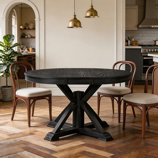 LUMISOL 42"-54" Extendable Round Dining Table for 4-6, Farmhouse Round to Oval Kitchen Table with 12" Removable Leaf and Pedestal Base, Wood Dinner Tables for Dining Room, Living Room, Espresso