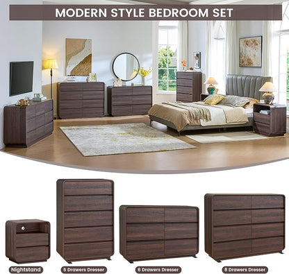 Standifurno Walnut 6 Drawer Dresser, Curved Chest of Drawers for Bedroom, 47 Inch Wide Dresser with Deep Drawers for Clothes, Modern Drawer Closet for Bedroom, Living Rooms, Offices, Entryways