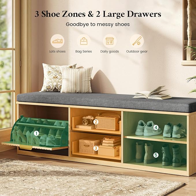 59" Storage Bench with Cushion and Flip Drawer, 2-Tier Entryway Bench with Storage, Shoe Bench with Cabinet, 2 Storage Drawer, Adjustable Shelf, for Entryway, Bedroom, Living Room, Natural