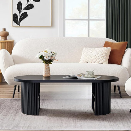 Oval Fluted Coffee Table, 47" Farmhouse Wood Coffee Table Mid Century Modern Center Table Boho Living Room Tables for Living Room Office,Black