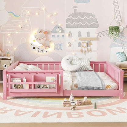 Bellemave Queen Size Floor Bed with Slats and Safety Guardrail, Queen Size Montessori Floor Bed with Fence and Built-in Bookshelf, Easy Assemble Montessori Beds for Girls, Boys, Pink