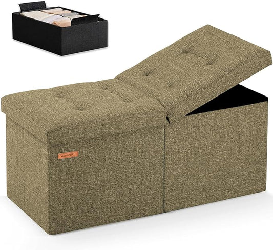 HAUSFRAU 31.5 Inches Ottoman with Storage Bench, Folding Ottoman Bench Small Foot Rest Stool, Bedroom Bench with Flipping Lid, Linen Kaki