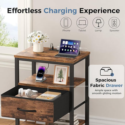 DUMOS 3-Tier Storage, Bed Side Tables with Wireless Charging Station, End Tables with Adjustable Fabric Drawers, Nightstand Set of 2, Modern Design, Brown