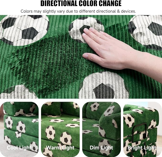 79" World Cup Soccer Sofa Bed, Green Soccer Ball Corduroy Convertible Couch, Foldable Sleeper Futon Floor Sofa for Game Day Watch Parties, Removable Machine-Washable Cover, 2 Pillows