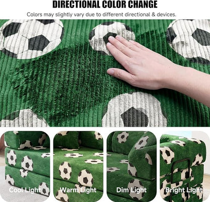 79" World Cup Soccer Sofa Bed, Green Soccer Ball Corduroy Convertible Couch, Foldable Sleeper Futon Floor Sofa for Game Day Watch Parties, Removable Machine-Washable Cover, 2 Pillows