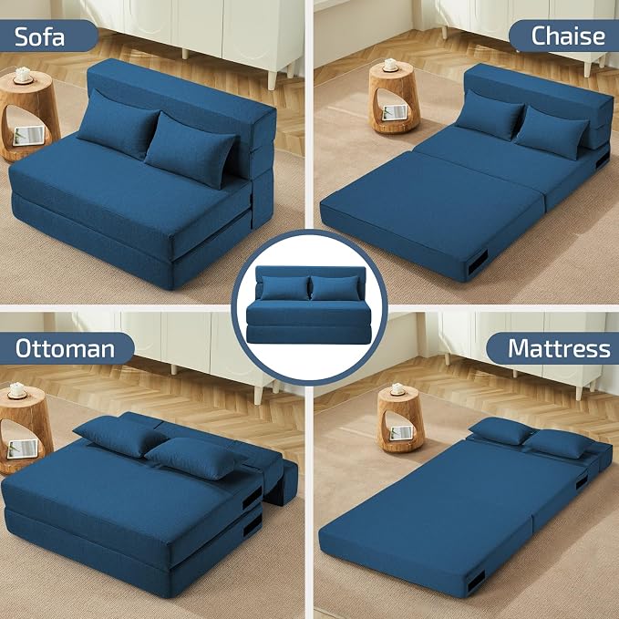 SUYOLS Folding Sofa Bed with Pillow- Convertible Chair Floor Couch & Sleeping Mattress, Foldable Memory Foam Sleeper for Living Room/Dorm/Guest Room/Home Office/Apartment/Loft,Twin,Navy Blue