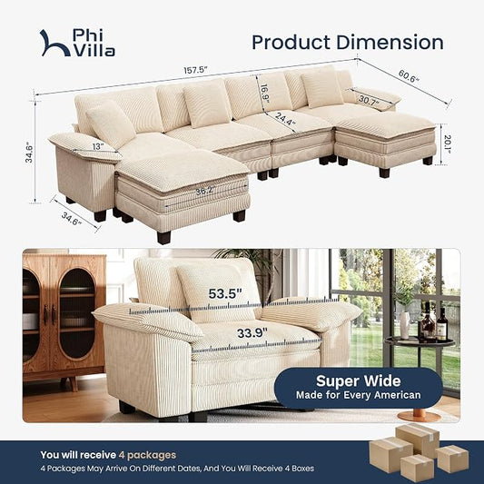 PHI VILLA Cloud Modular Couch Sets, 157.5" Oversized Large Sectional Sofa with U-Shaped Chaise, 6-Seater Couches with Movable Ottomans for Living Room, Corduroy Beige