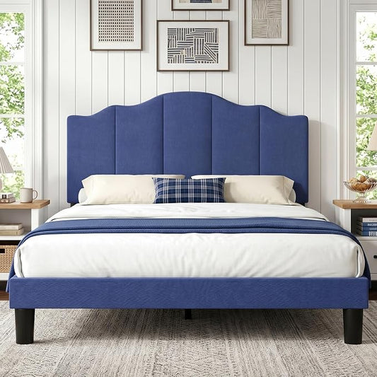 VECELO Twin Size Upholstered Platform Bed Frame with Adjustable Headboard, Wood Slat Support and Noise-Free, No Box Spring Needed, Easy Assembly, Dark&Blue