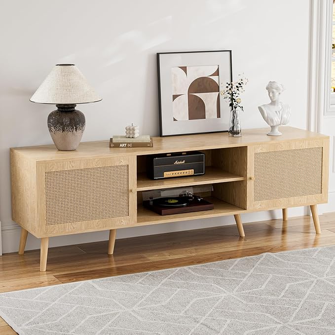 ZttRiee TV Stand with Rattan Doors for TVs up to 65", Mid-Century, Natural | 54.7"W x 15.7"D x 18.9"H, 150 lbs capacity, 2 rattan-door cabinets & 1 shelf (4 compartments), 2 cord holes, 6 wood feet