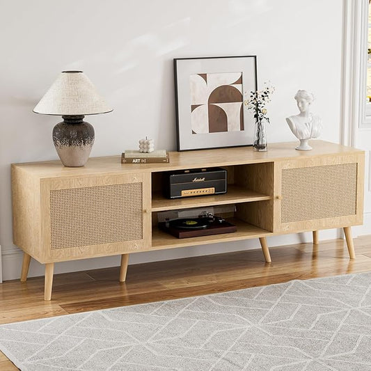 ZttRiee TV Stand with Rattan Doors for TVs up to 65", Mid-Century, Natural | 54.7"W x 15.7"D x 18.9"H, 150 lbs capacity, 2 rattan-door cabinets & 1 shelf (4 compartments), 2 cord holes, 6 wood feet