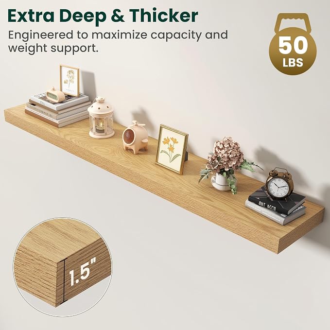 Floating Shelves for Wall, 55 Inch x 8 Inch Deep Wall Mounted Wood Shelf with Invisible Brackets for Storage & Display, Living Room Bedroom Kitchen, Oak, Set of 2