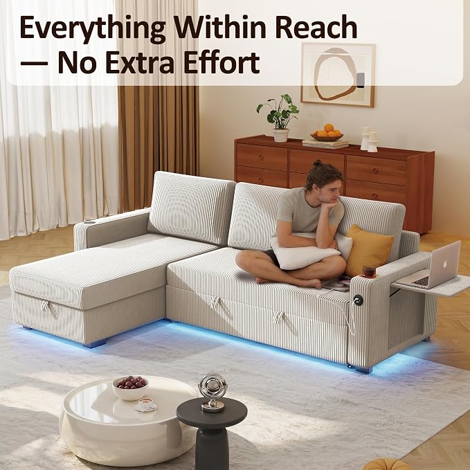 Ball & Cast 80" Sectional Sleeper Sofa Bed Pull Out Couches for Living Room | L Shaped Convertible Pull Out Sofa Bed with Storage Chaise, LED Lights, Foldable Table, USB Ports, Cup Holder and Side Pocket