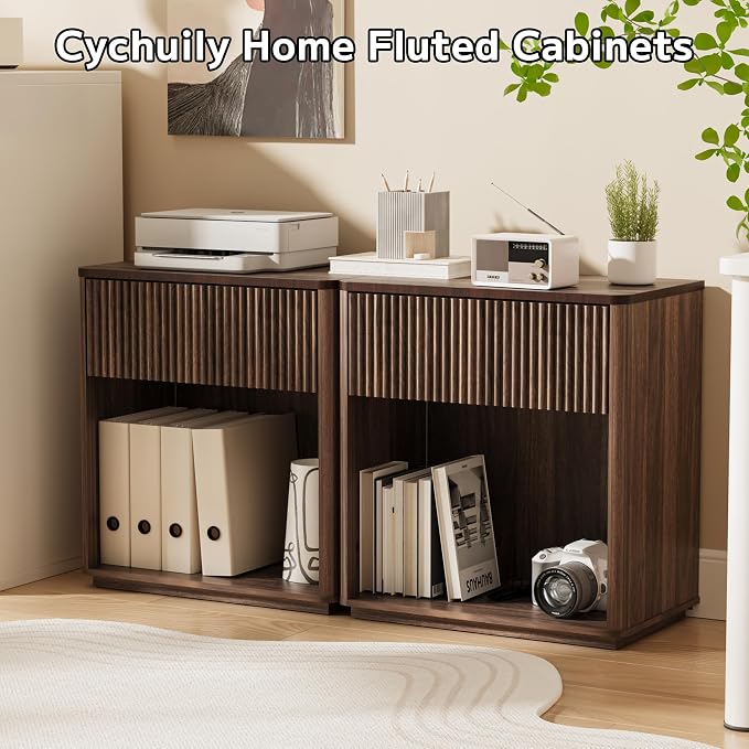 Modern Fluted Nightstand Set of 2 for Bedroom, Mid Century Bedside Table with Drawer & Open Shelf, Wood End Table, Farmhouse Night Stand for Home, Hallway, Office, Walnut