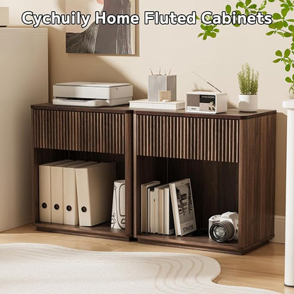 Modern Fluted Nightstand Set of 2 for Bedroom, Mid Century Bedside Table with Drawer & Open Shelf, Wood End Table, Farmhouse Night Stand for Home, Hallway, Office, Walnut