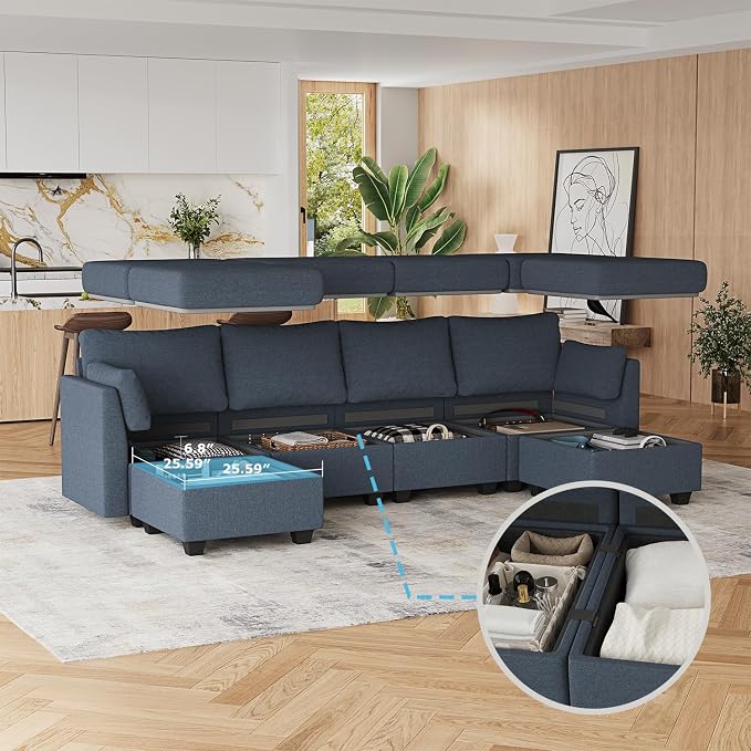 Huatean Home 114.17" Modular Sectional Sofa, 6 Seat Modular Couch with Storage, Memory Foam, Convertible Sectional Couches for Living Room, U Shaped Comfy Modular Sofa with Chaise, Blue Grey