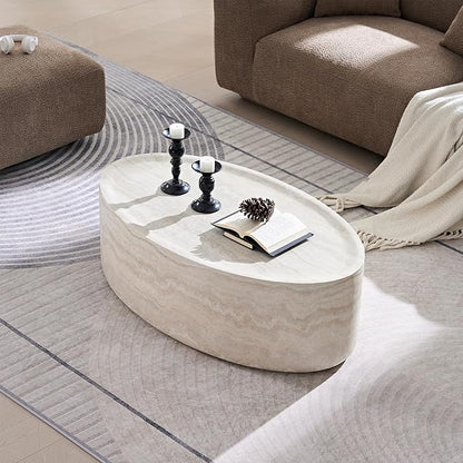 43.7" Oval Marble Coffee Table, Modern Round Coffee Tables, Faux Stone Center Tables, Small Accent Tea Table, Luxury Fiberglass Side End Table for Living Room Aparment Office, No Assembly