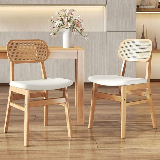 ROCITY Rattan Dining Chairs Set of 2 White Lambswool Dining Room Chairs Natural Wooden Kitchen Chairs Farmhouse