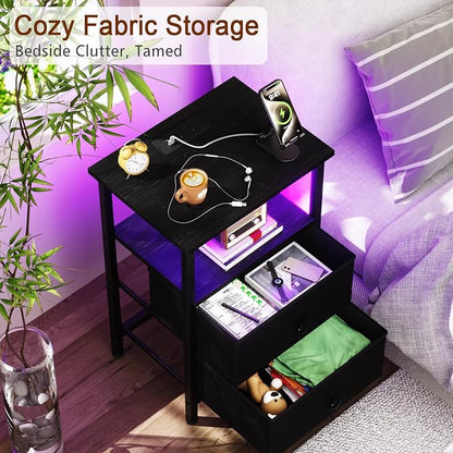 LOAKEKEL LED Night Stand with Charging Station, Small Bedside Table with USB Ports & Outlets, 2 Fabric Storage Drawers with PU Finish for Bedroom, Black, HETS02BK-1