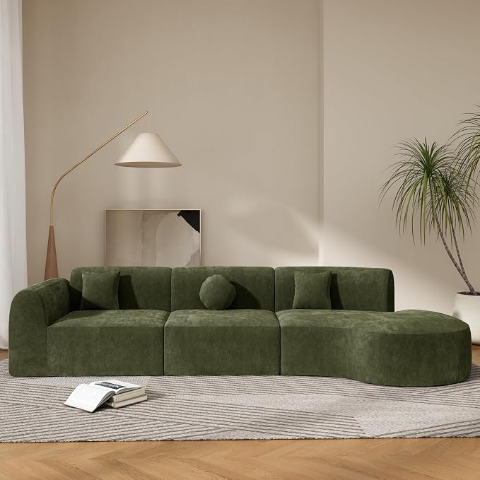 Merax 3-Piece 140" Sectional Modular Sofa Set, 4 Seat Curved Modern Cloud Couch with Chaise Lounge, 3 Pillows, Fully Assembled High-Density Compressed Sponge for Living Room, Green