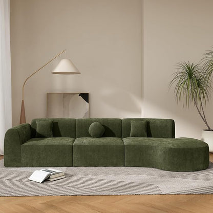 Merax 3-Piece 140" Sectional Modular Sofa Set, 4 Seat Curved Modern Cloud Couch with Chaise Lounge, 3 Pillows, Fully Assembled High-Density Compressed Sponge for Living Room, Green
