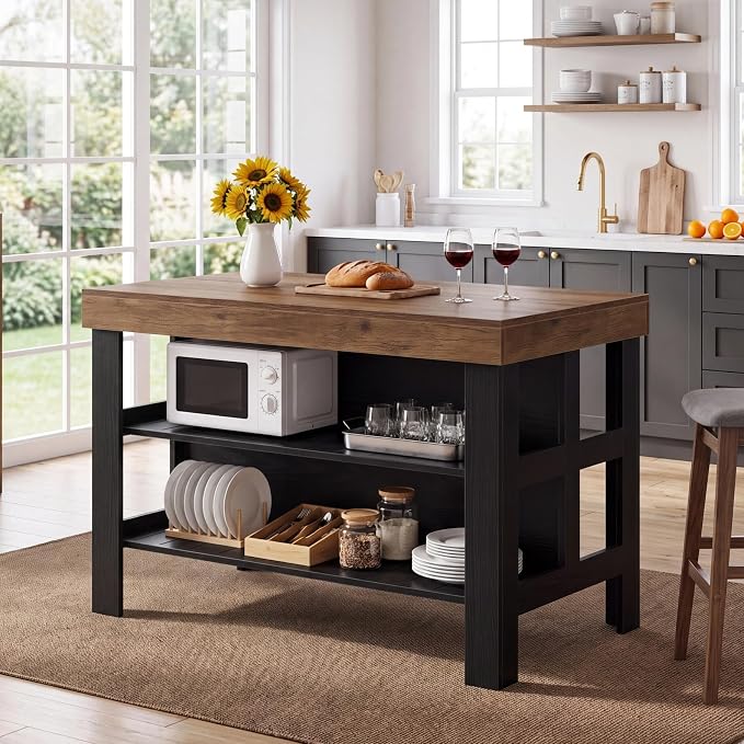 Tribesigns 55.1-Inch Kitchen Island with Seating and Storage, 3-Tier Large Farmhouse Island Table with Large Countertop and Leg Room for Kitchen Dining Room (Brown and Black)