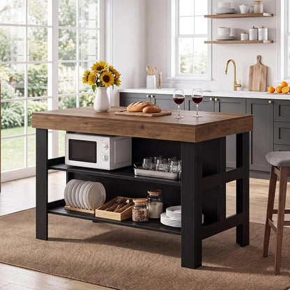 Tribesigns 55.1-Inch Kitchen Island with Seating and Storage, 3-Tier Large Farmhouse Island Table with Large Countertop and Leg Room for Kitchen Dining Room (Brown and Black)