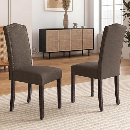 LSSBOUGHT Fabric Dining Chair Upholstered Parsons Kitchen Chair with Copper Nails and Solid Wood Legs for Dining Room,Restaurant (Taupe, 2PCS)