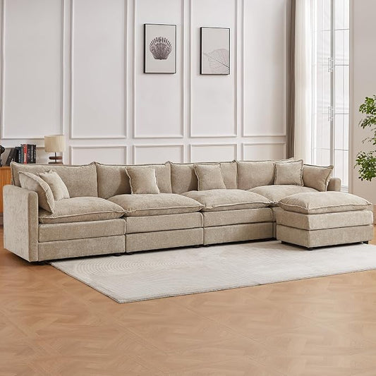 Modular Sectional Sofa, 147.2 Inch L Shaped Couch Set with Armrests, 4-Seater Comfy Cloud Couches with Movable Ottoman for Living Room Apartment, Coffee
