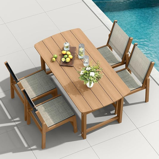 HDPE Outdoor Patio Dining Set with Table & 4 Stackable Armless Textilene Chairs, All-Weather 5-Piece Dining Table Set with Umbrella Hole, Patio Furniture for Garden, Poolside, Backyard, Deck | Teak