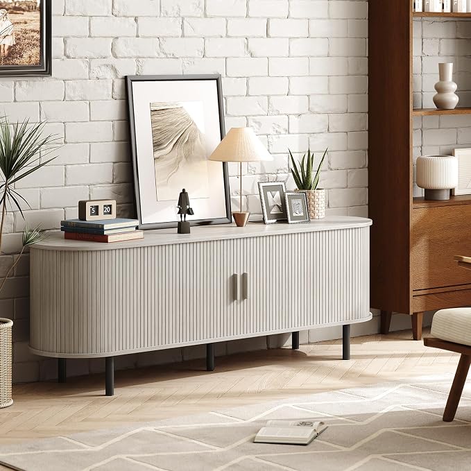 ONBRILL 63" TV Stand with Power Outlet for TVs up to 70 Inch, Entertainment Center with Storage and Adjustable Shelves, Modern Media Console with Sliding Doors for Living Room, Natural White