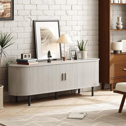 ONBRILL 63" TV Stand with Power Outlet for TVs up to 70 Inch, Entertainment Center with Storage and Adjustable Shelves, Modern Media Console with Sliding Doors for Living Room, Natural White