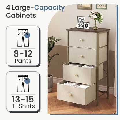 DUMOS Nightstand with 4 Drawers Bedside Table with Removable Fabric Bins Sturdy Steel Frame Wood Top Organizer Furniture for Bedroom Closet Living Room, Khaki