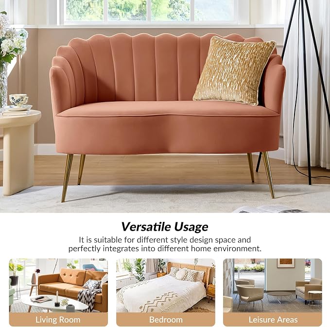 Velvet Upholstered Loveseat Sofa with Gold Metal Legs, Modern Comfy Small Love Seat with Flower Shaped Back, 2-Seater Sofa Accent Couch for Living Bedroom Leisure Areas, Coral