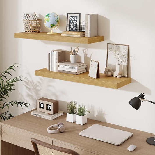 Fun Memories Floating Shelves for Wall 36 Inches, Wood Shelves with Invisible Bracket, 10" Deep Shelves Wall Mounted, Large Wood Floating Shelves for Living Room Bathroom, Oak, Set of 3