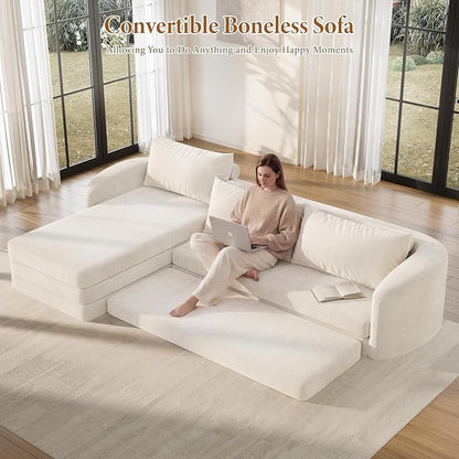 Vesgantti 110.2" Modular Sectional Boneless Couch with Curved Armrest, 6 in 1 Convertible Folding Sleeper Sofa Bed, Chenille Sofas for Living Room, No Assembly Required, Beige, Left Facing Chaise
