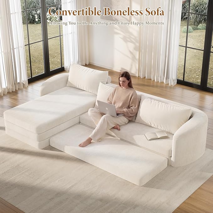 Vesgantti 6 in 1 Convertible Folding Sleeper Sofa Bed, 110.2" Modular Sectional Sofa with Curved Armrest, Chenille Boneless Couch for Living Room, No Assembly Required, Beige, Left Facing Chaise