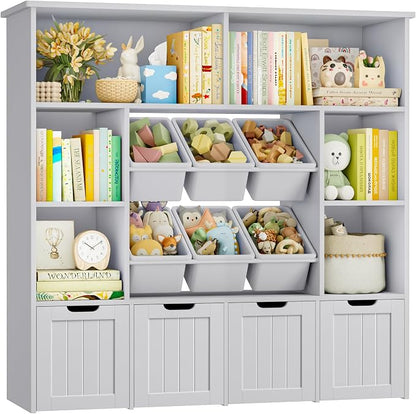 FINETONES Toy Storage Organizer with 6 Toy Bins, Toy Organizer Kids Bookshelf with 4 Movable Drawers and 6 Storage Cubbies, Toy Bins for Kids Organizer Playroom Storage for Living Room, Grey
