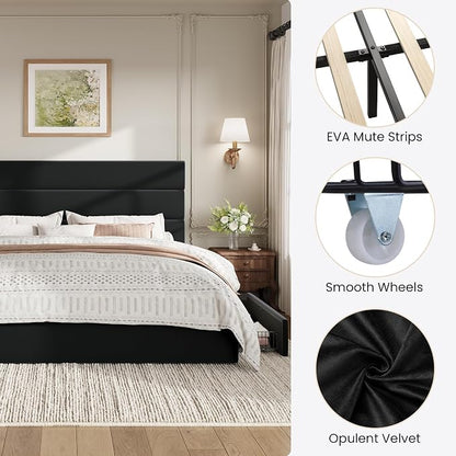 SHA CERLIN King Size Platform Bed Frame with 4 Storage Drawers, Velvet Upholstered Headboard, Mattress Foundation with Wooden Slats Support, No Box Spring Needed, Easy Assembly, Black