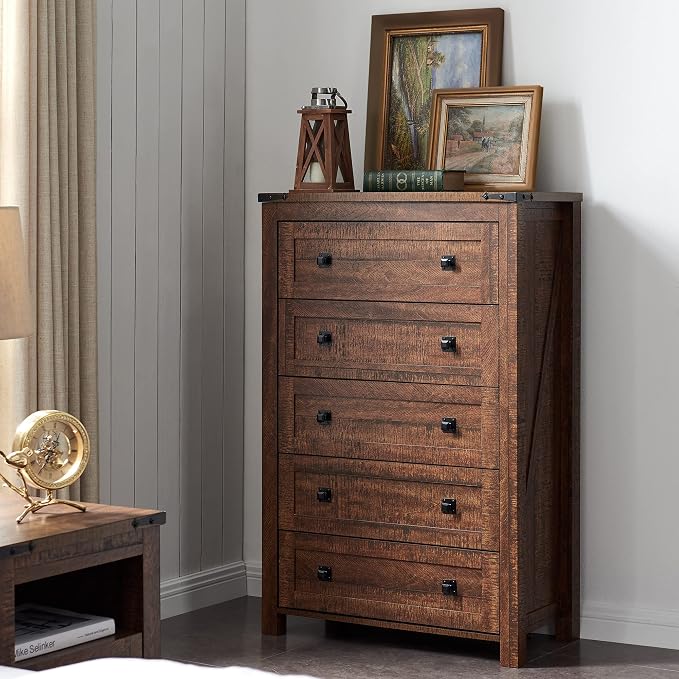 T4TREAM 48" Tall Farmhouse 5-Drawer Dresser for Bedroom, Reclaimed Barnwood | Rustic chests of drawers, Wood Storage Cabinet, Metal Handle, Unique Corner Accent, Bedroom, Living Room, Hallway
