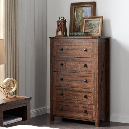 T4TREAM 48" Tall Farmhouse 5-Drawer Dresser for Bedroom, Reclaimed Barnwood | Rustic chests of drawers, Wood Storage Cabinet, Metal Handle, Unique Corner Accent, Bedroom, Living Room, Hallway
