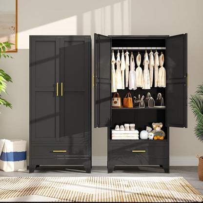 PAOFIN 71" Metal Armoire Wardrobe Closet Storage Cabinet with Hanging Rod,Metal Clothing Cabinet with 1 Drawer and Adjustable Shelf for Bedroom, Laundry Room(Black)