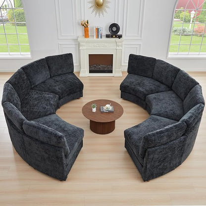 ORRD Curved Half Moon Sectional Sofa, Symmetrical Modular Sectional Couch, Boucle Modular Sectional Sofa with Pillows, Chenille Comfy 6 Seat Couch for Living Room, Black Blue