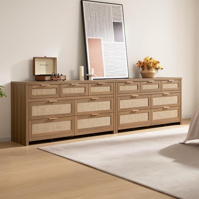 SICOTAS 7 Drawer Dressers for Bedroom Set 2, Long Rattan Dresser, Dresser TV Stand, Closet Organizer Chest of Drawers, Clothes Storage Dressers (Reclaimed Caramel Oak, 7 Drawers (2 pcs))