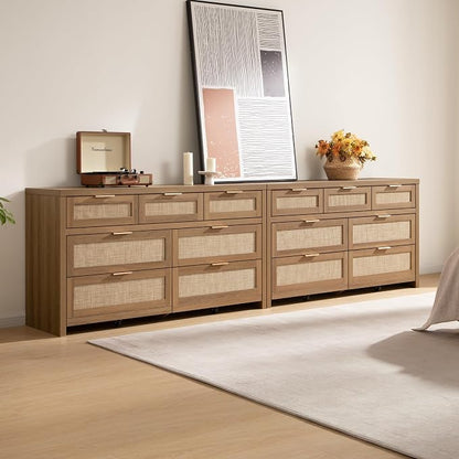 SICOTAS 7 Drawer Dressers for Bedroom Set 2, Long Rattan Dresser, Dresser TV Stand, Closet Organizer Chest of Drawers, Clothes Storage Dressers (Reclaimed Caramel Oak, 7 Drawers (2 pcs))