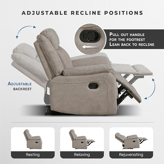 Lexicon Manual Double Reclining Sofa, Polished Microfiber Upholstered 3 Seater Manual Sofa Recliner for Living Room, Wall Hugger, Easy Assembly, Dove