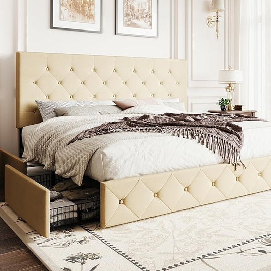 SHA CERLIN Upholstered King Size Platform Bed Frame with 4 Storage Drawers, Adjustable Headboard with Diamond Stitched Button Tufted Design, Wooden Slat Support, No Box Spring Needed, Beige