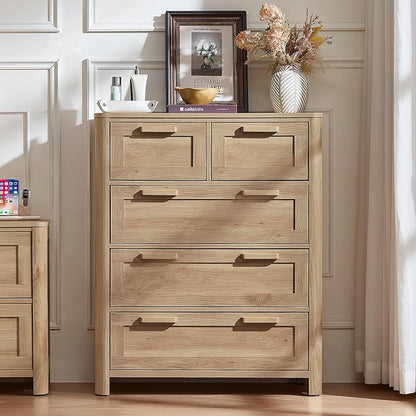 Joaxswe Farmhouse 5 Drawer Dresser for Bedroom, Vertical Dressers Chest of Drawers with 5 Deep Drawers & 4 Thickened Table Legs, Natural Wood